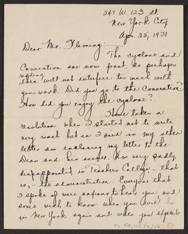Letter from Clare Enright, to Padraic Fleming enclosing copy of her letter to James E. Russell, Dean of Teachers College, New York,