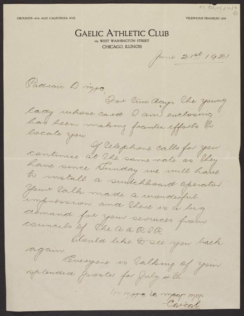 Letter from "Cathal", Gaelic Athletic Club, Chicago, to Padraic Fleming regarding Fleming's popularity with the American Association for the Recognition of the Irish Republic,
