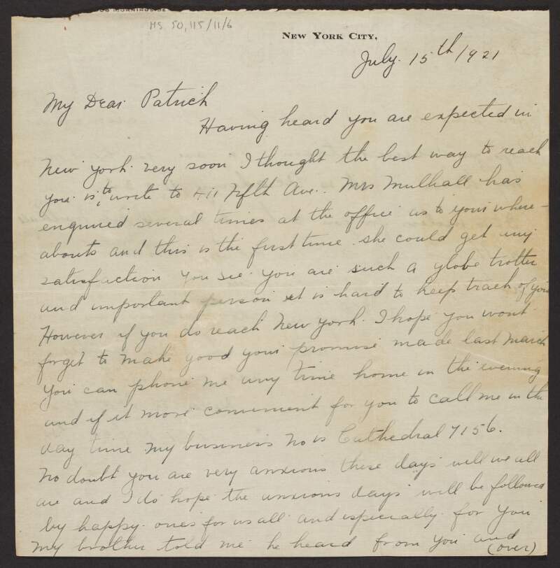 Letter from Helen C. Moore, New York, to Padraic Fleming,