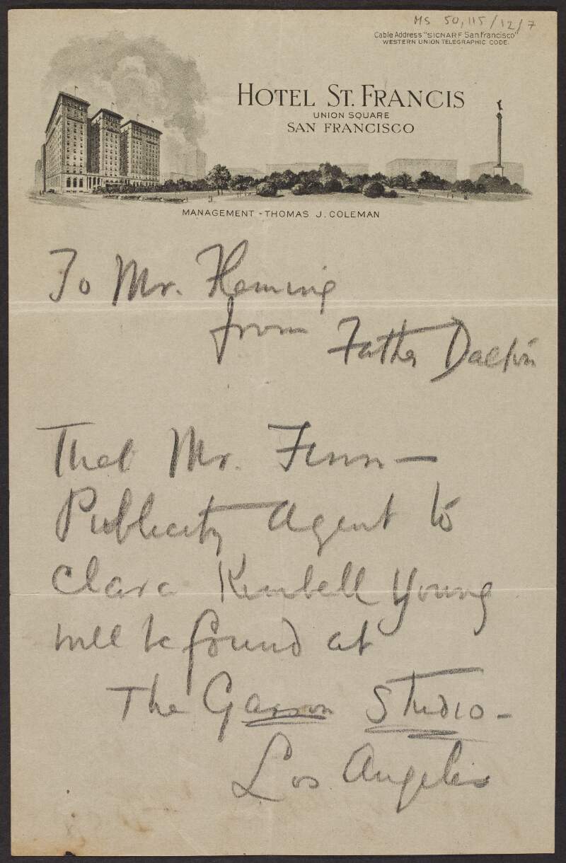 Note from Father Dalton to Padraic Fleming regarding details of Clara Kimbell Young's publicity agent, with inscription from Marian Griffin on verso,