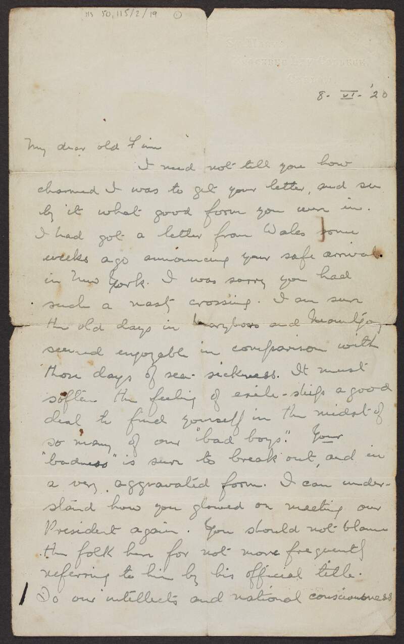 Letter from Father P. J. Doyle, Knockbeg Lay College, Carlow, to "Fionn" [Padraic Fleming] about the political situation in Ireland,