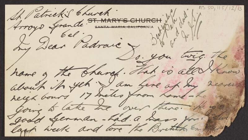 Letter card from Father Michael J. Stack, St. Patrick's Church, Arroyo Grande, California, to Padraic Fleming