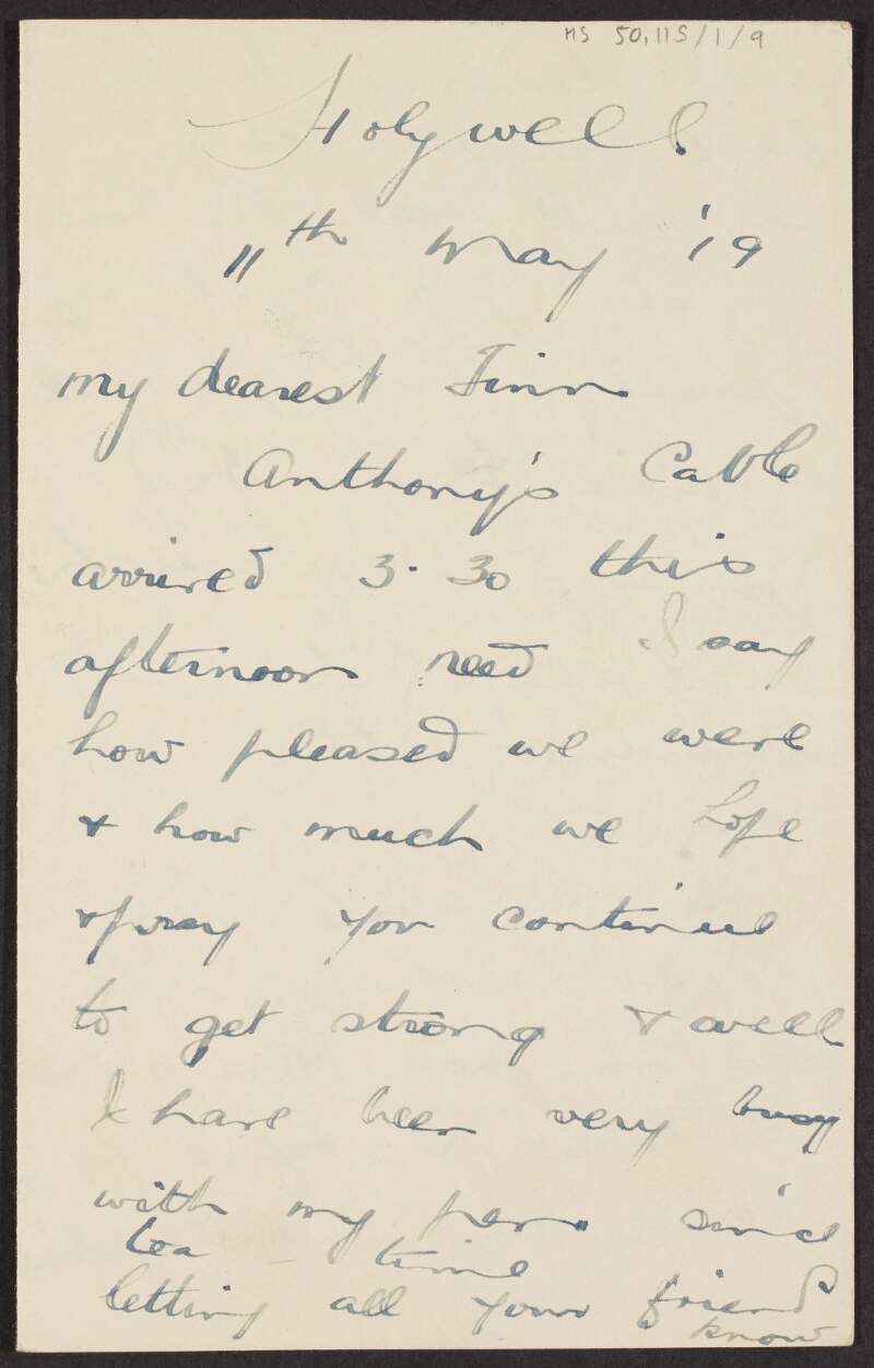 Letter from Madeline Fleming (sister of Padraic Fleming) to Padraic Fleming, Holywell, Wales, about his health,