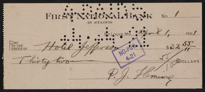 Bank cheques written by Padraic Fleming, with receipts,