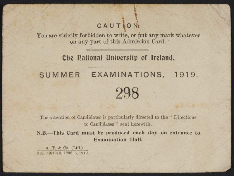 Admission card to the Summer Examinations, National University of Ireland,