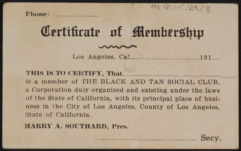 Cerfiticate of membership for the Black and Tan Social Club, Los Angeles, California,