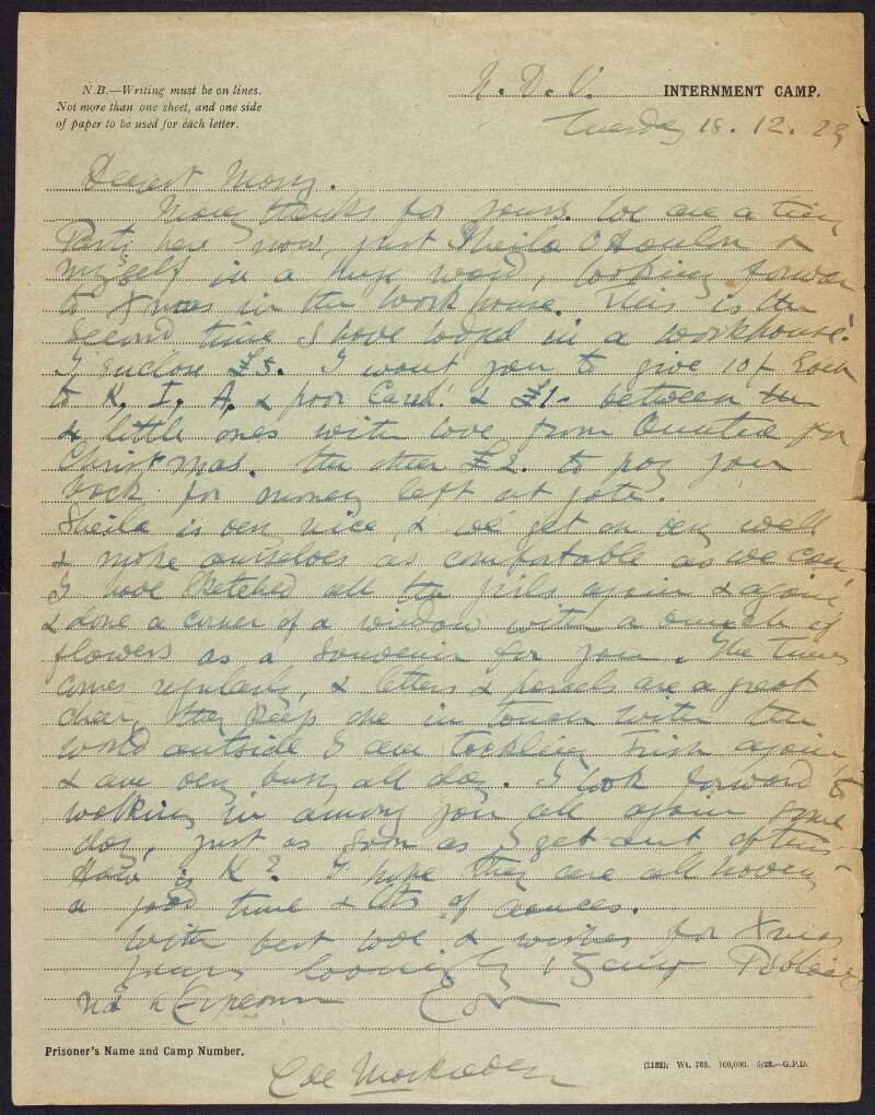 Letter from Constance Markievicz, while imprisoned, to Mary O'Carroll,