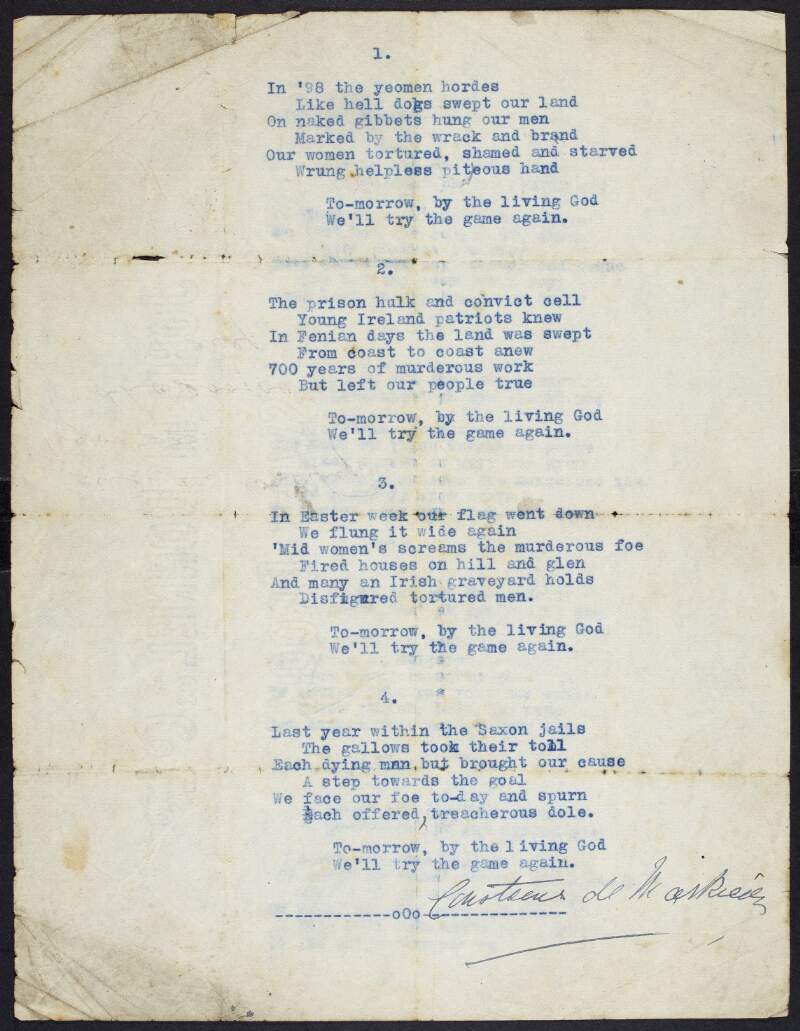 Typed poem signed by Constance Markievicz,