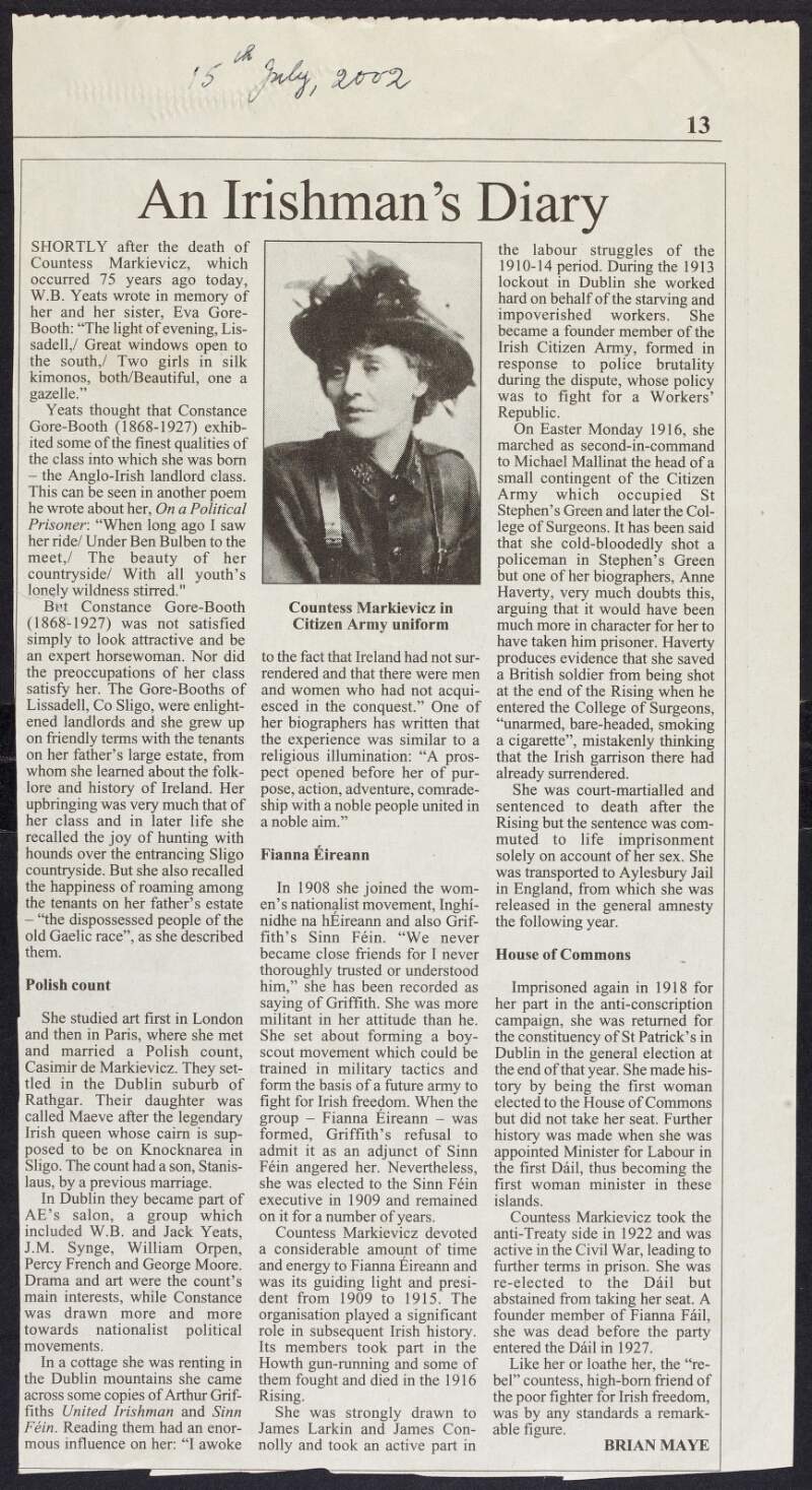 Newspaper cutting of an article about Constance Markievicz by Brian Maye,
