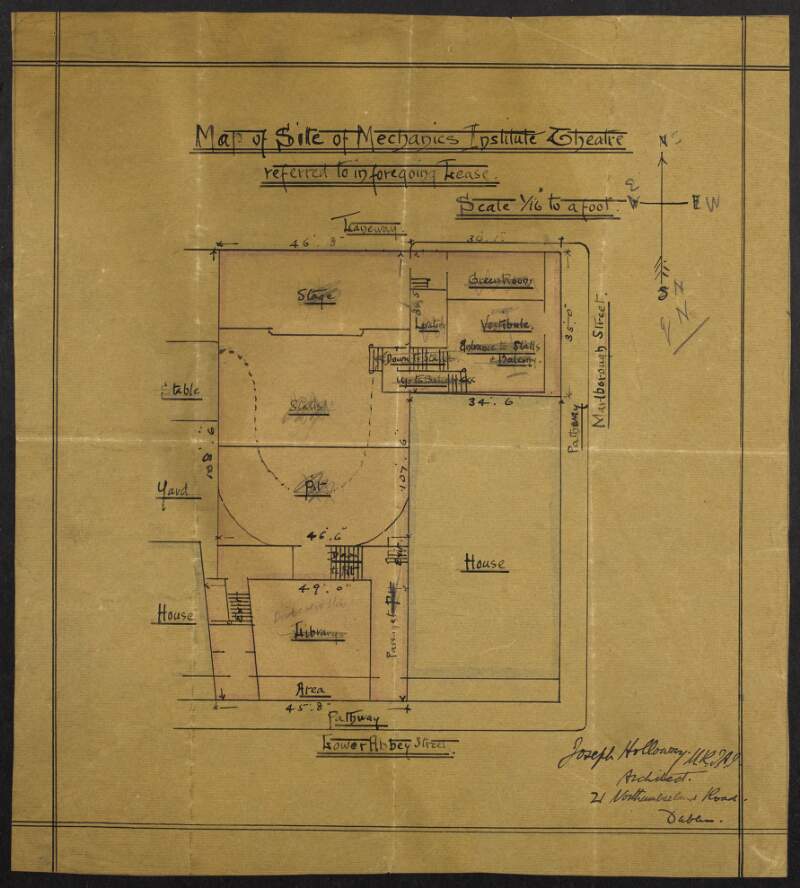 Map of site of Mechanics Institute Theatre referred to in foregoing lease: scale 1/16 to a foot.