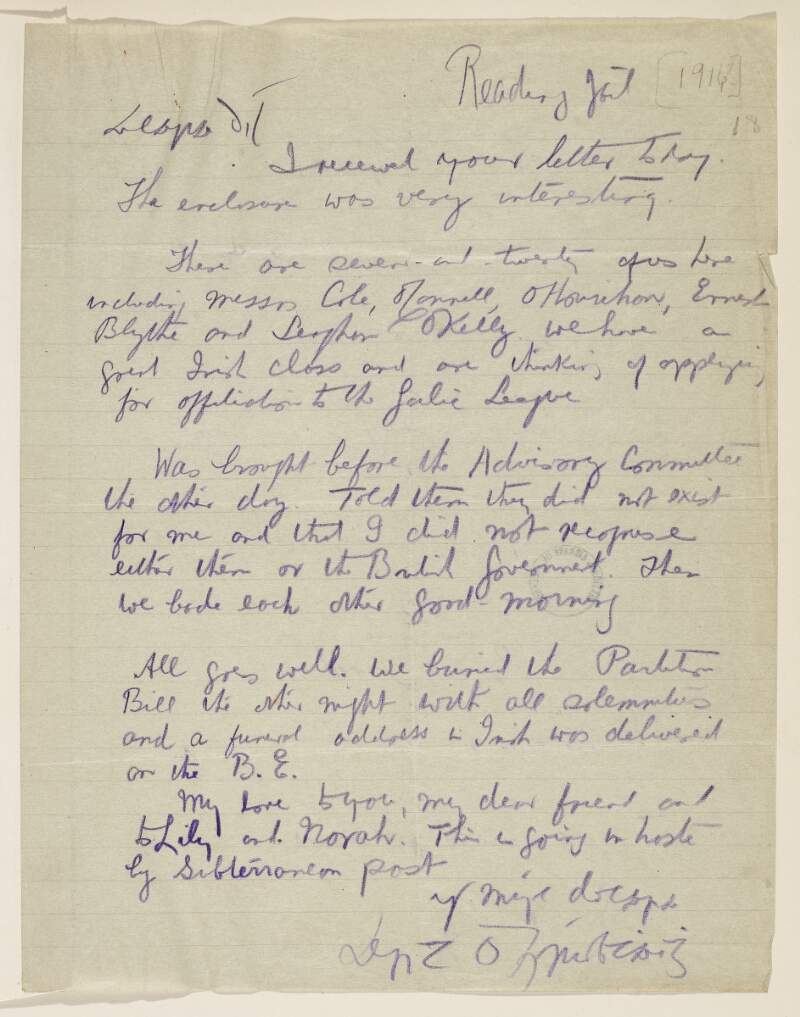 Letter from Arthur Griffith, Reading Jail, England, to Lily Williams about his imprisonment,