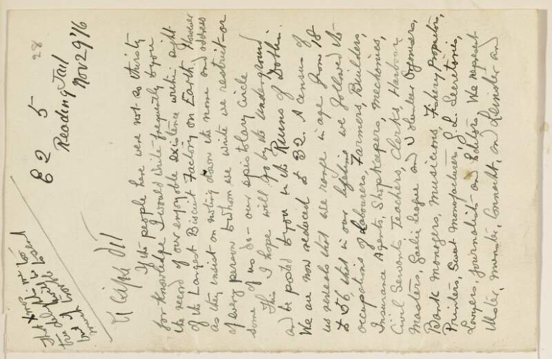 Letter from Arthur Griffith, Reading Jail, England, about his imprisonment and the political situation in Europe and Ireland,
