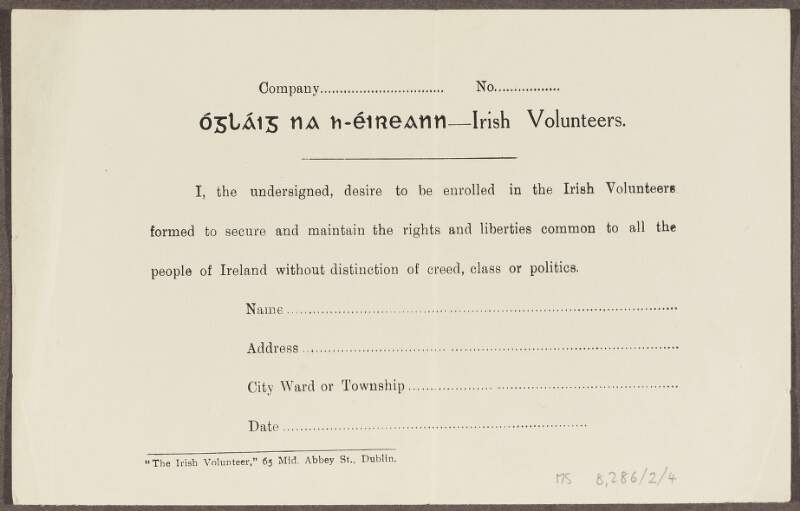 Enrolment form for the Irish Volunteers,