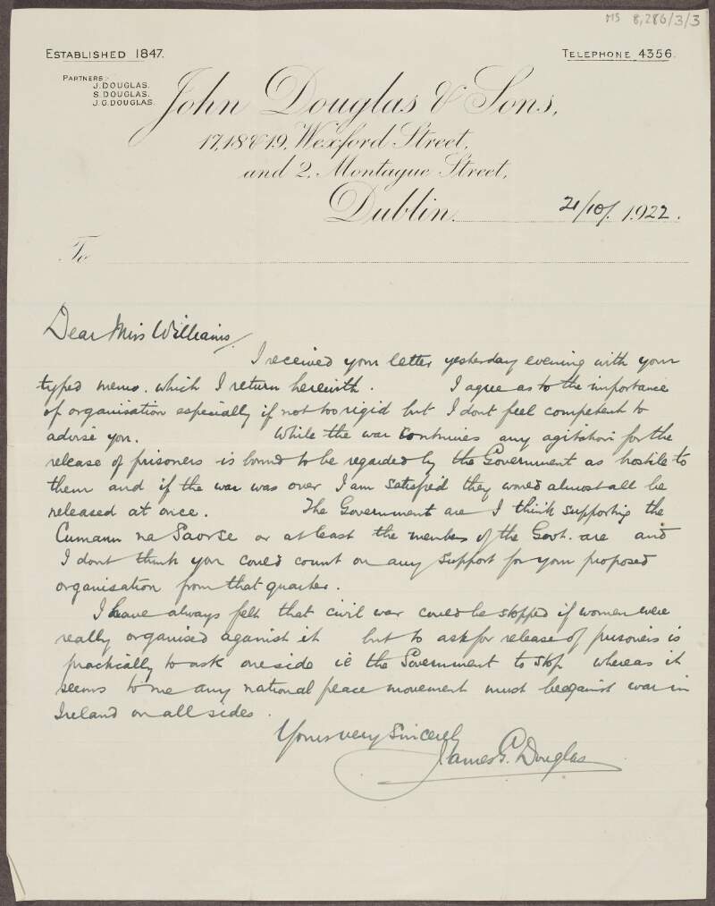 Letter from James G. Douglas to Lily Williams about the Civil War in Ireland,