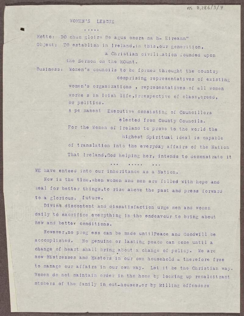 Typescript draft of document entitled "Women's League" with manuscript annotations,