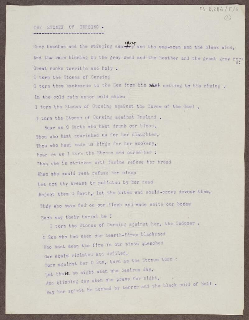 Typescript copy of poem 'The Stones of Cursing' with manuscript corrections,