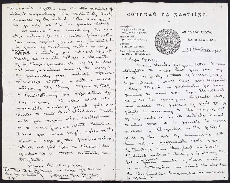 Copy letter from Padraic Pearse,