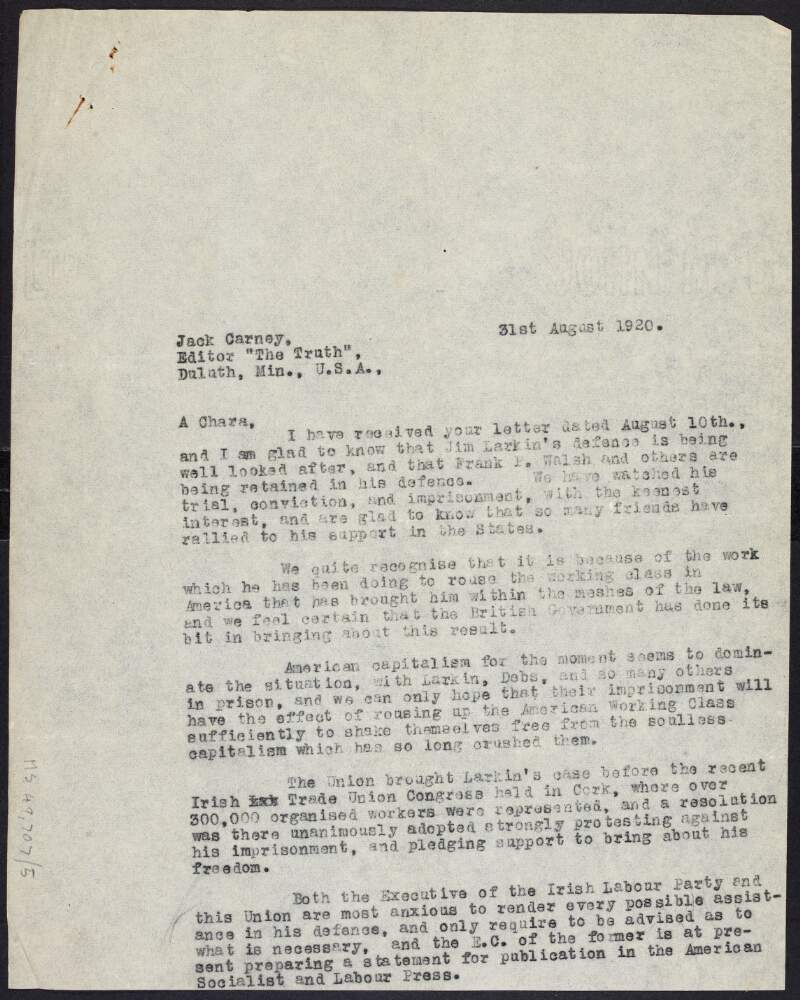 Typed letter to Jack Carney, probably from Thomas Foran,