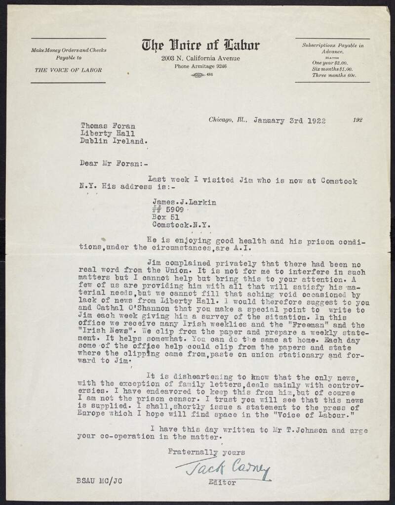 Typed letter from Jack Carney to Thomas Foran,
