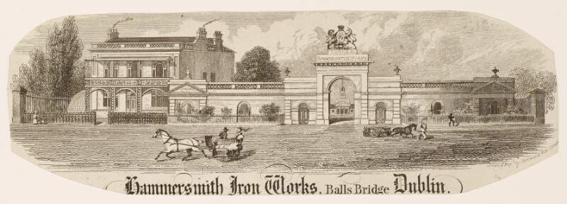 [Cropped fragment of an engraved bill-head (presumably cut from a larger sheet of paper or receipt) for the Turner Hammersmith Iron Works, Balls Bridge [Ballsbridge], Dublin featuring an image of the entrance into Turner's Iron Works]