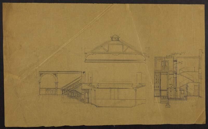 [Architectural drawing of the Abbey Theatre featuring elevation of the staircases in the proposed structure with vents and the skylight on the roof indicated]