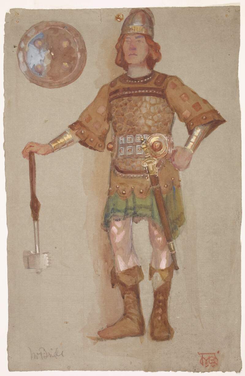 [Undated watercolour of an actor wearing the costume of a warrior, with a helmet, a vest of scale armour, a studded belt, arm protectors and a sword with a gold hilt; he holds what appears to be a mace in his right hand while a shield is depicted at top left of the sheet]