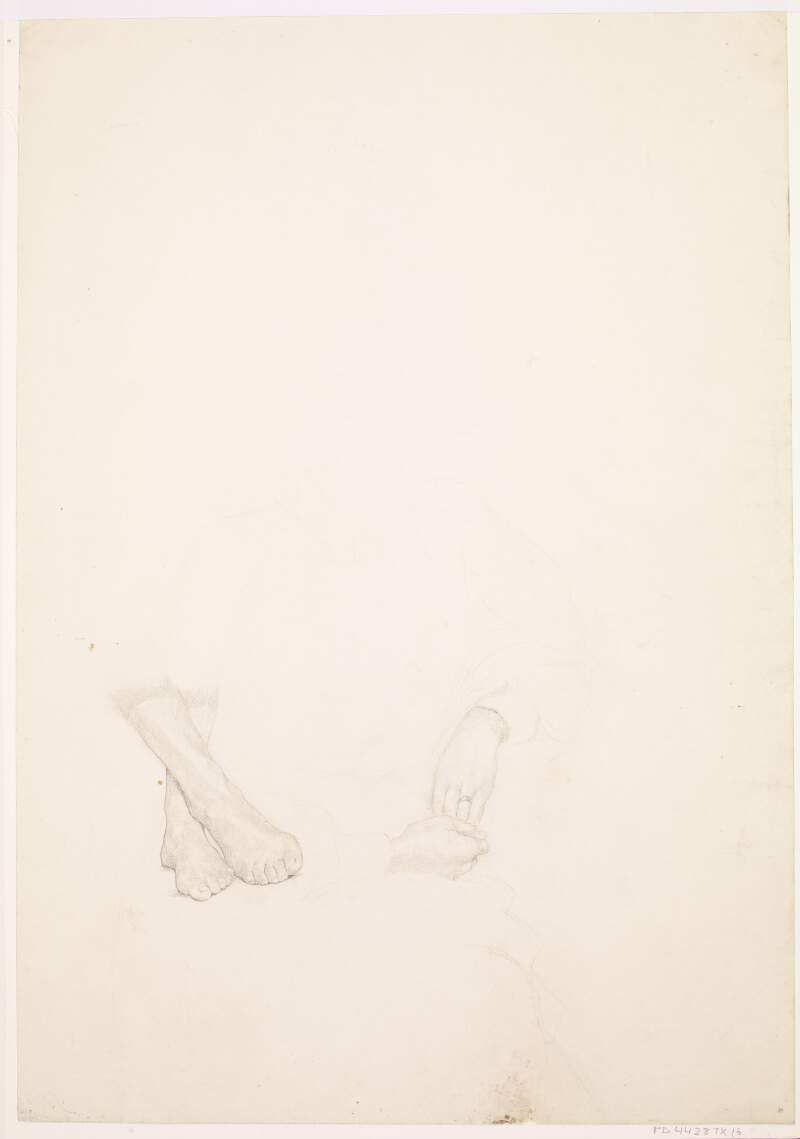 [Pencil sketches of the feet and the hands of a seated female figure]