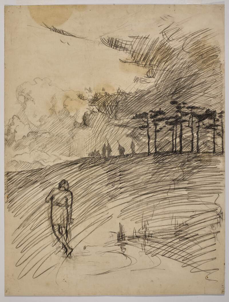 [Charcoal sketch of a landscape featuring the image of a man [with his back to the viewer] in the left-foreground and several warriors, depicted with shields and spears in the background, beyond a canopy of trees in the middle distance]