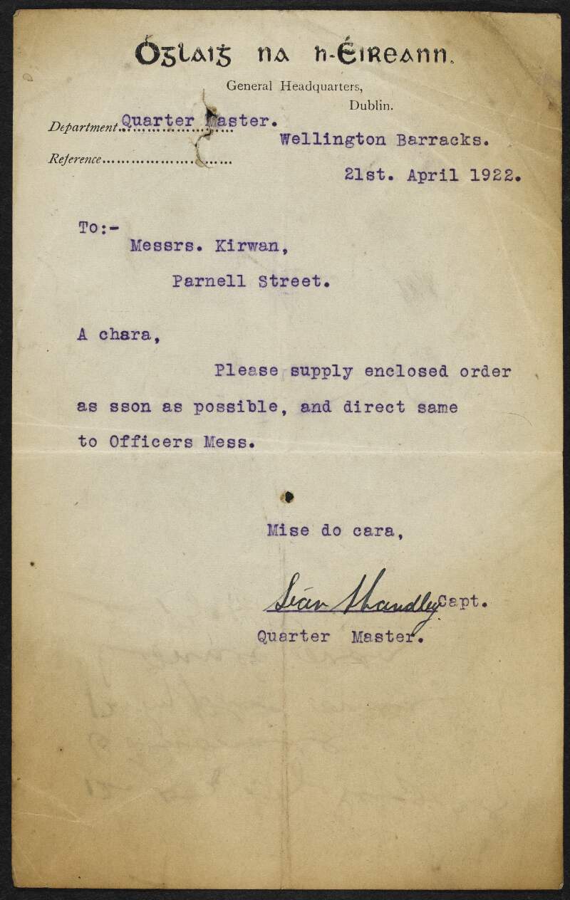 Typed letter addressed to Messrs. Kirwan from General Headquarters, Óglaigh na h-Éireann,