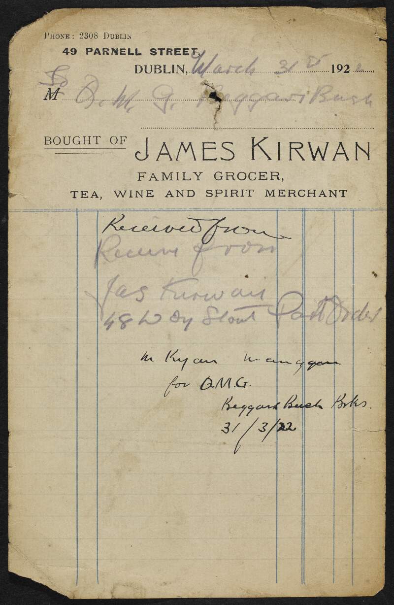 Receipt for goods purchased from James Kirwan, 1922 March 31.