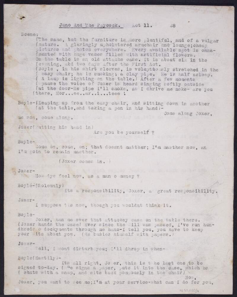 Carbon typescript draft of Act 2 of 'Juno and the Paycock' (pages 28 to 45 & 45a to 48) with manuscript amendments by Sean O'Casey,