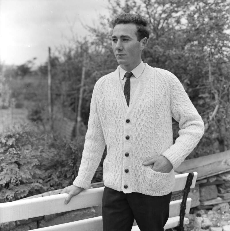 [Man modelling knitwear, Ardara, Co. Donegal]