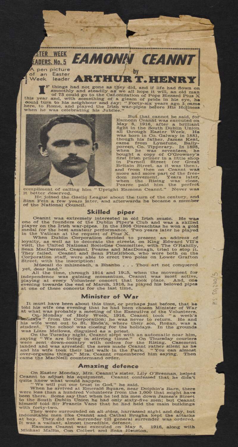 Newspaper cutting of an article about Éamonn Ceannt by Arthur T. Henry,