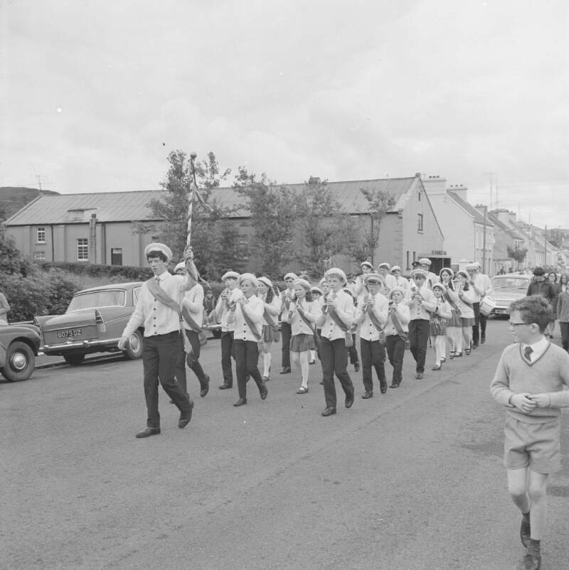 [Marching band parading at Queen and Exiles Carnival, D'Alton Sports, Glenties, Co. Donegal]