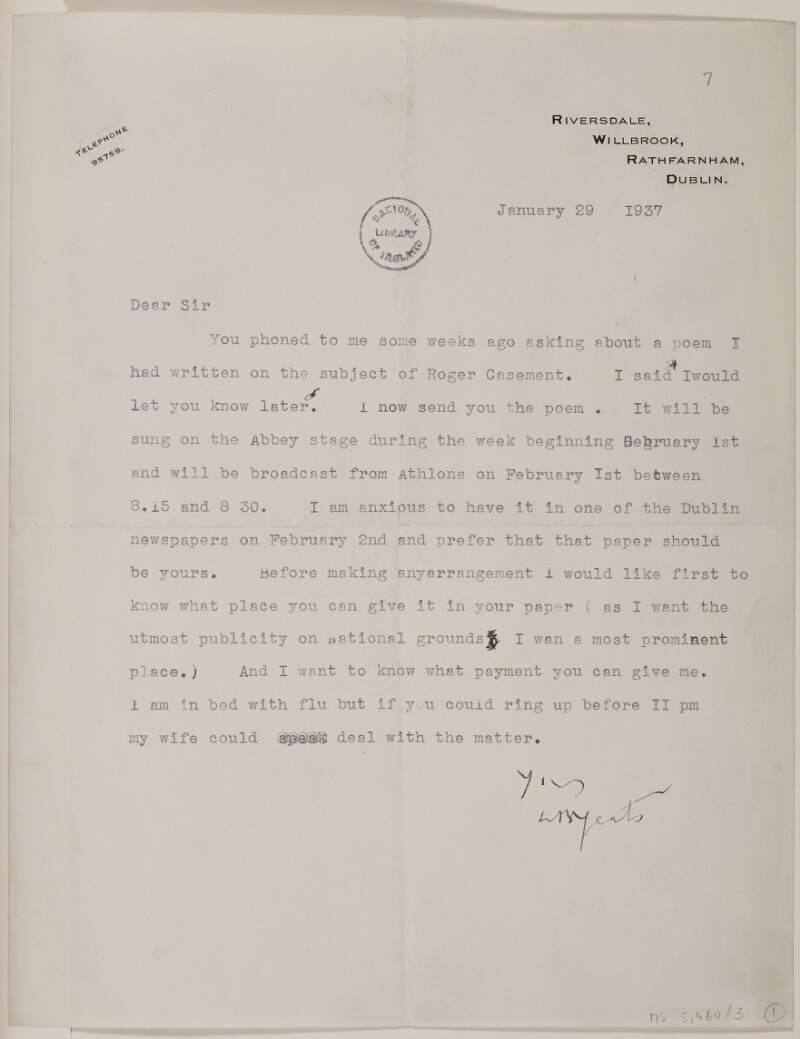 Letter from W. B. Yeats to John Herlihy, editor of 'The Irish Press', enclosing poem 'Roger Casement' and asking Herlihy to publish it in the newspaper,