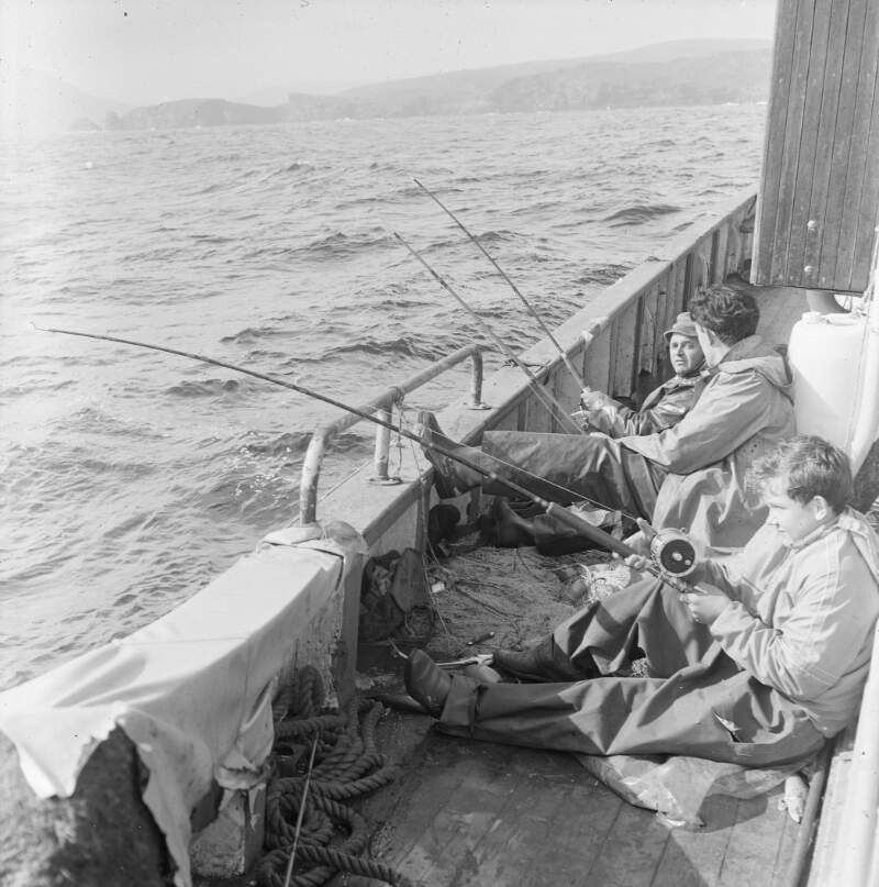 [Anglers fishing on boat in Killybegs harbour, Co. Donegal]