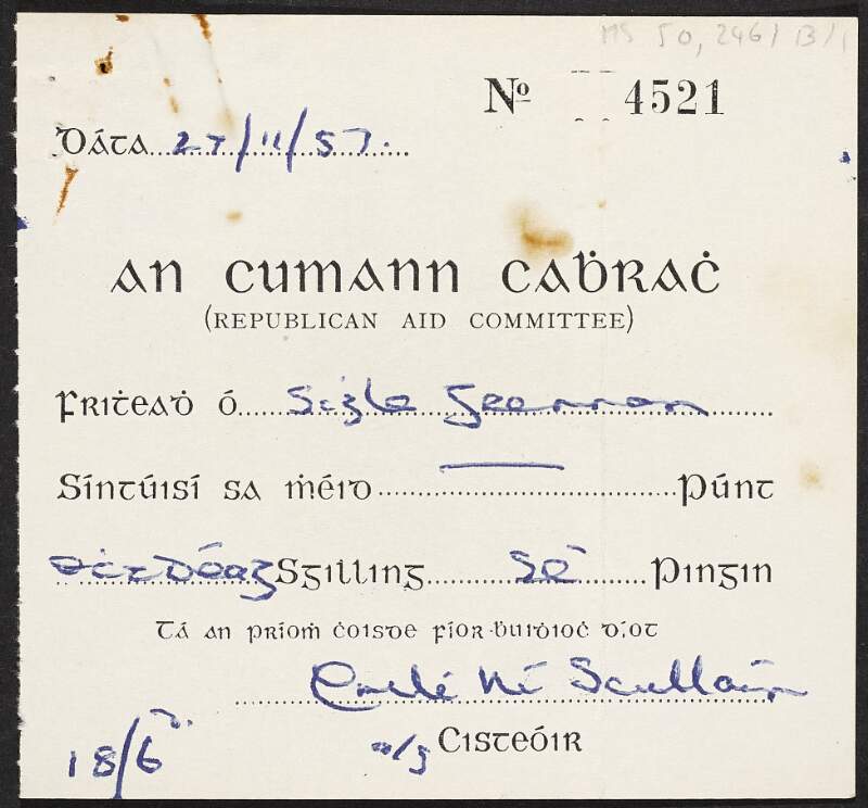 Receipts sent to Julia Grenan from An Cumann Cabhrach (Republican Aid Committee), Brian Ó hUiginn - Coiste Cuimhneacháin, and the Apostolic Work (Diocese of Dublin),