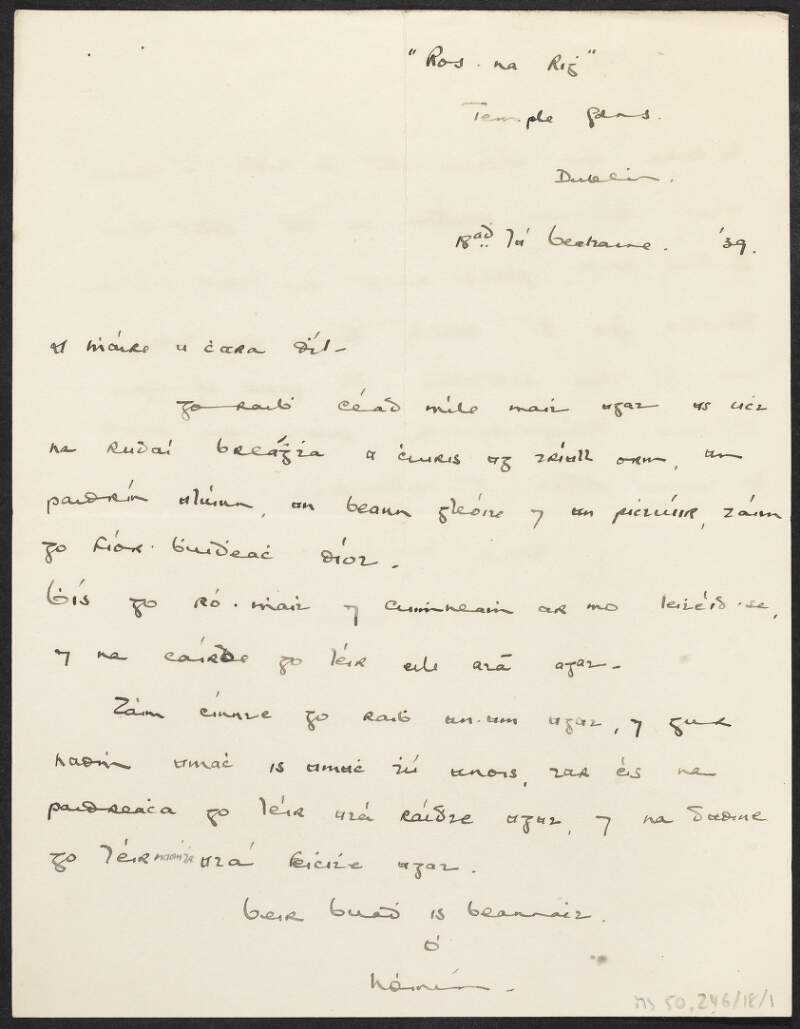 Letter from "Nóinín", Temple Gardens, Dublin, to "Máire", Temple Gardens,
