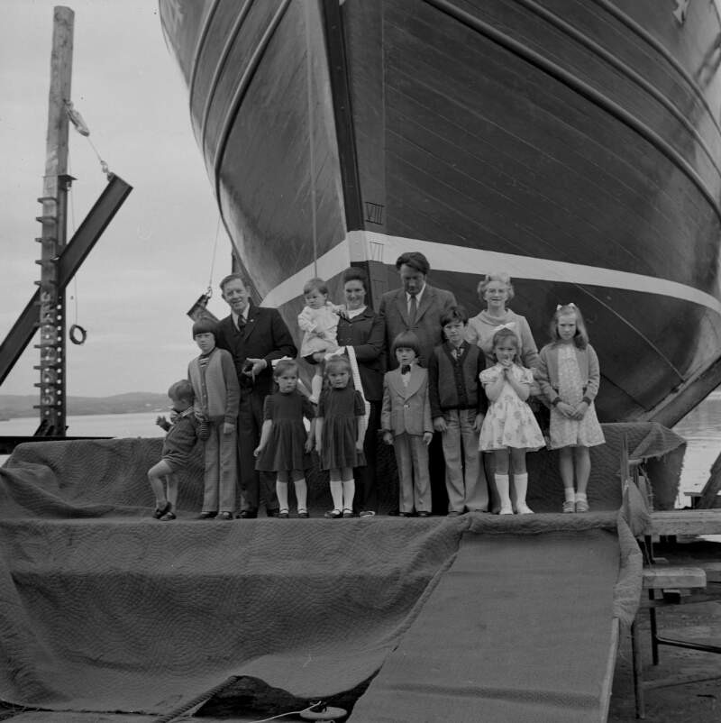 [Launch of Fort Aengus, with family in front of ship at Killybegs boatyard, Co. Donegal]