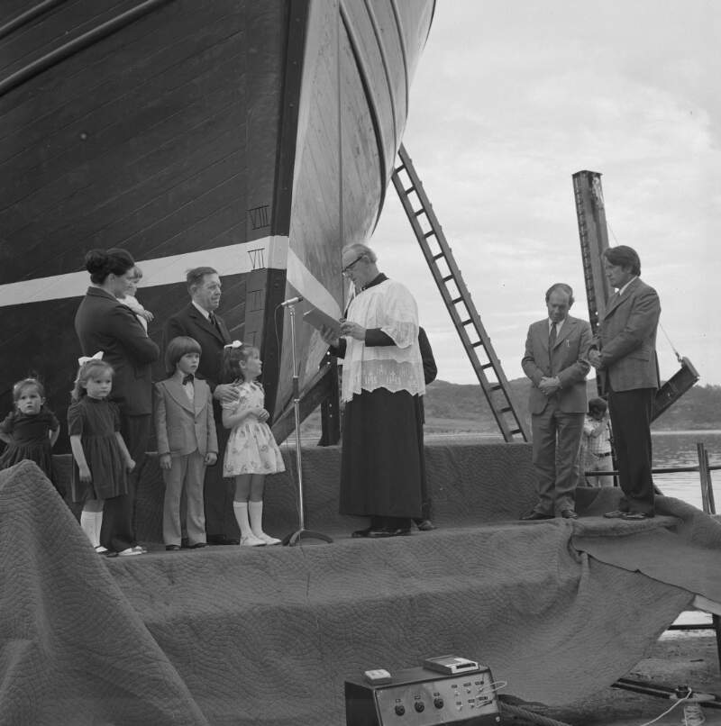 [Launch of Fort Aengus, with family in front of ship at Killybegs boatyard, Co. Donegal]