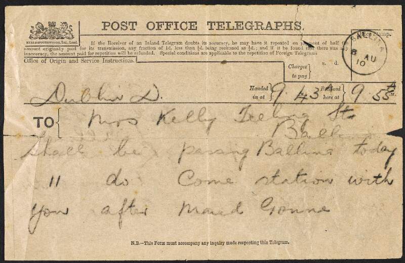 Telegram from Maud Gonne to Mrs. Kelly,