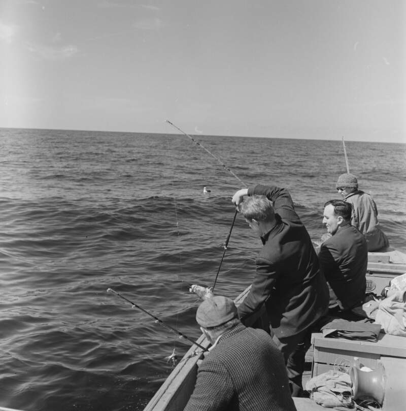 [Anglers on fishing boat in Rosbeg harbour, Co. Donegal]