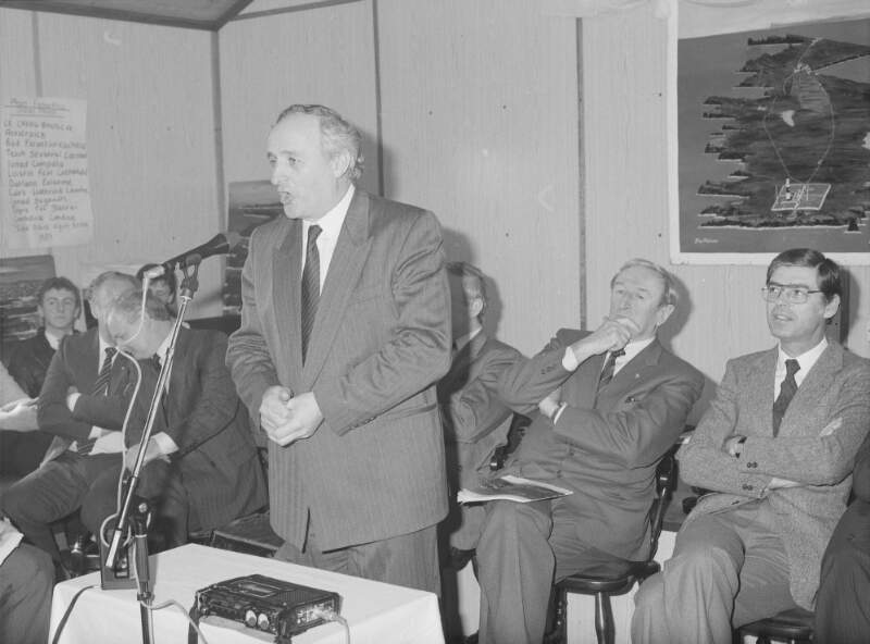 [Man addressing crowd in hall on Tory Island, Co. Donegal]