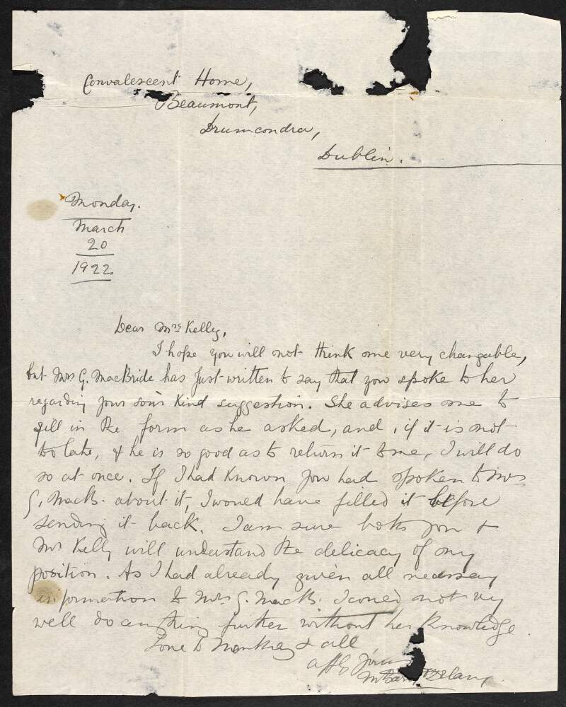 Manuscript letter from Mary Barry O'Delany to Mrs. Kelly,