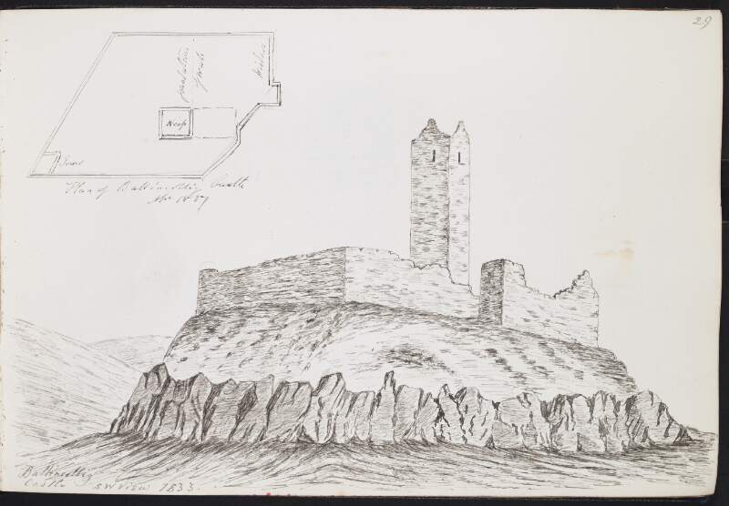 Plan of Ballincollig Castle, April 1837 ; Ballincollig Castle, SW view, 1833