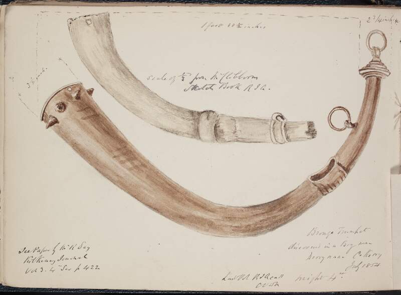Bronze trumpet discovered in a bog near Derrynane, County Kerry, July 1854
