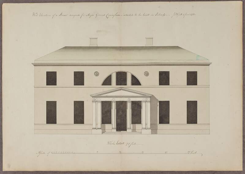 West elevation of a house [Mount Kennedy, Newtownmountkennedy, Co. Wicklow] designed for Major General Cuningham [General Robert Cuninghame, later Baron Rossmore] intended to be built in Ireland