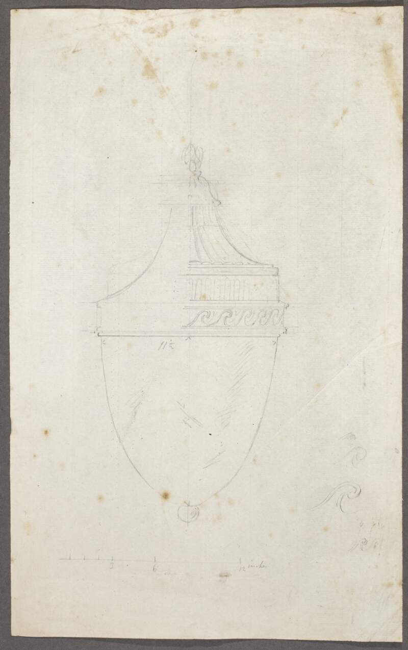 [Elevation of an urn; on verso is a caricature of a man in profile and a small rapidly done sketch of a plan of a villa]