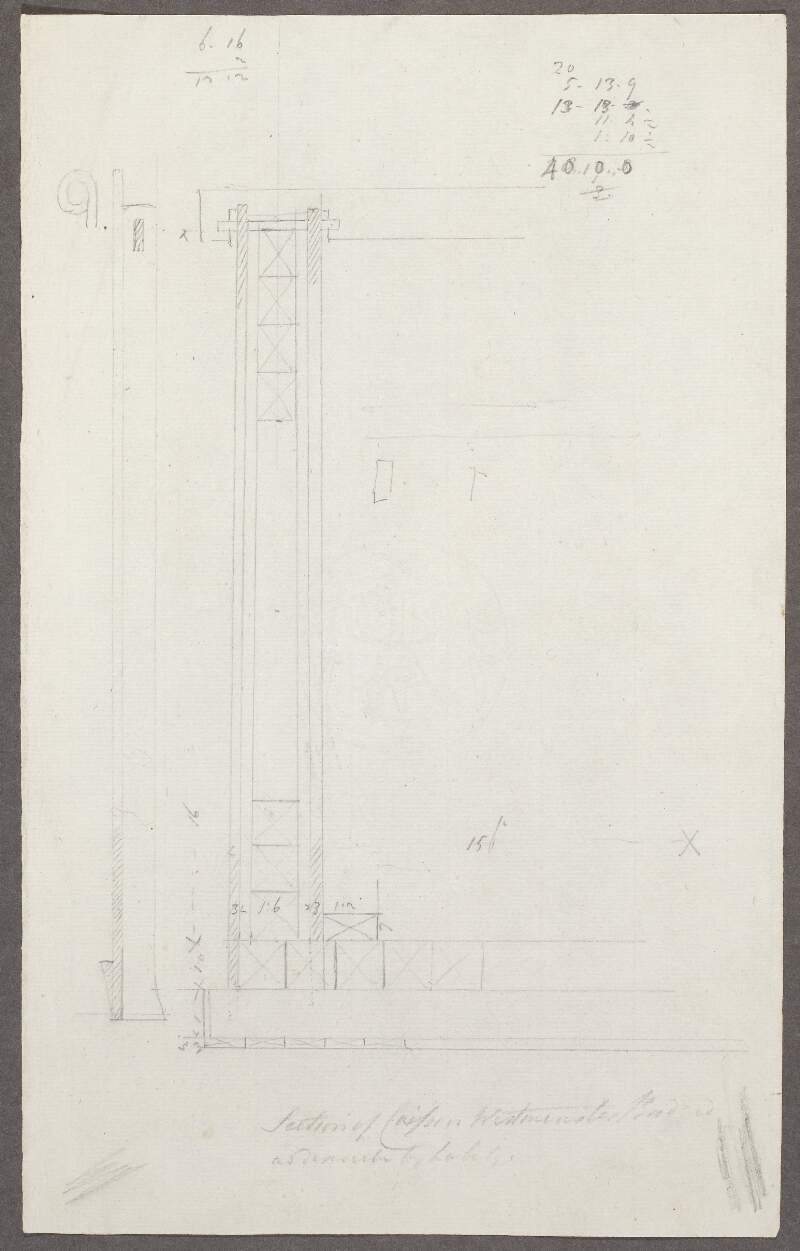 [Architectural drawing with the words "Section of Westminister Bridge as [...] by labelye" in manuscript hand written on sheet with details of dimensions]
