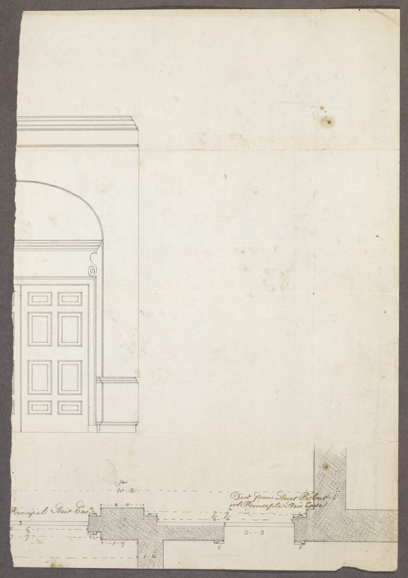 [Plan and section of part of ground floor of a town house; on verso in manuscript hand are details concerning the cost of the "Roof of Portico" and the "Bill of works to be done in Portico", including details concerning "Carpenter & joiners works of Privvy per orders of Ld. MtMorris (Lord Mount Morres, a member of the de Montmorency family)"]